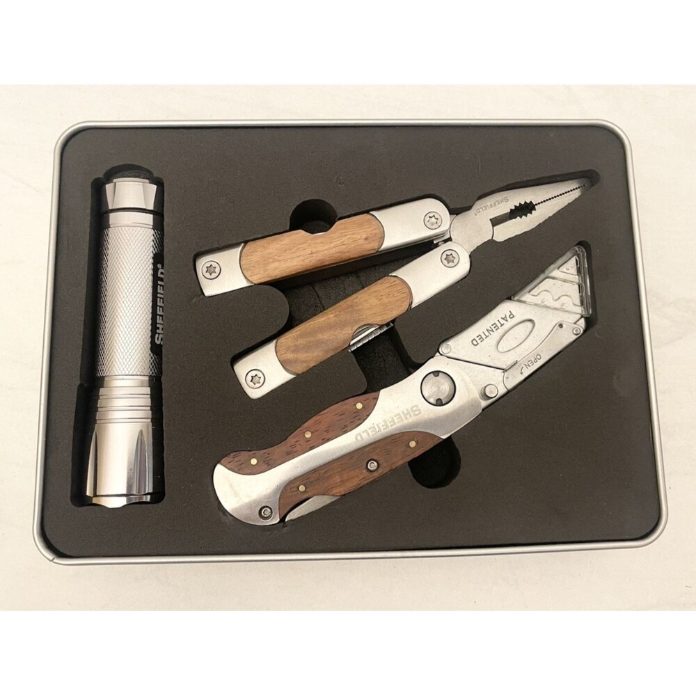 Sheffield 3 Piece Tool Set Vintage Box Blade Flashlight Needle Nose Pliers